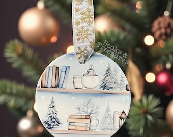Holiday Watercolor Style  Bookshelf Ceramic Ornament Christmas Gift for Book Lovers