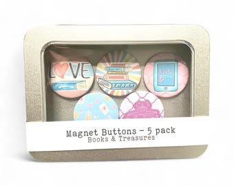 Bookish Magnet Button Set – 5 Pack in Metal Tin | 1.25” Magnetic Pins for Book Lovers, Lockers, Office, or Fridge Decor