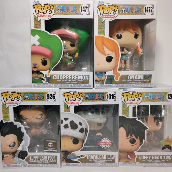 One Piece Funko pops Choppermon, Onami, Trafalgar Law Special Edition,  Luffy Gear two and Four