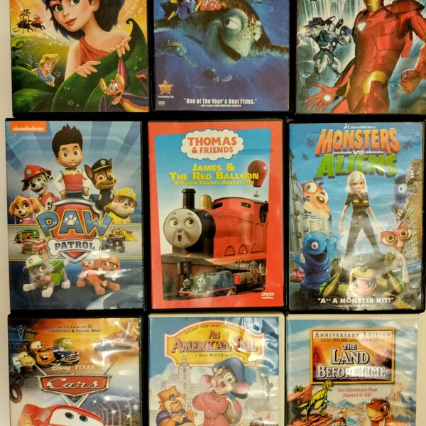 DVD Kids Thomas the Train, The Muppets, The Land Before Time, Finding Nemo, Paw Patrol, Iron Man, An American Tail, Cars, Aliens,