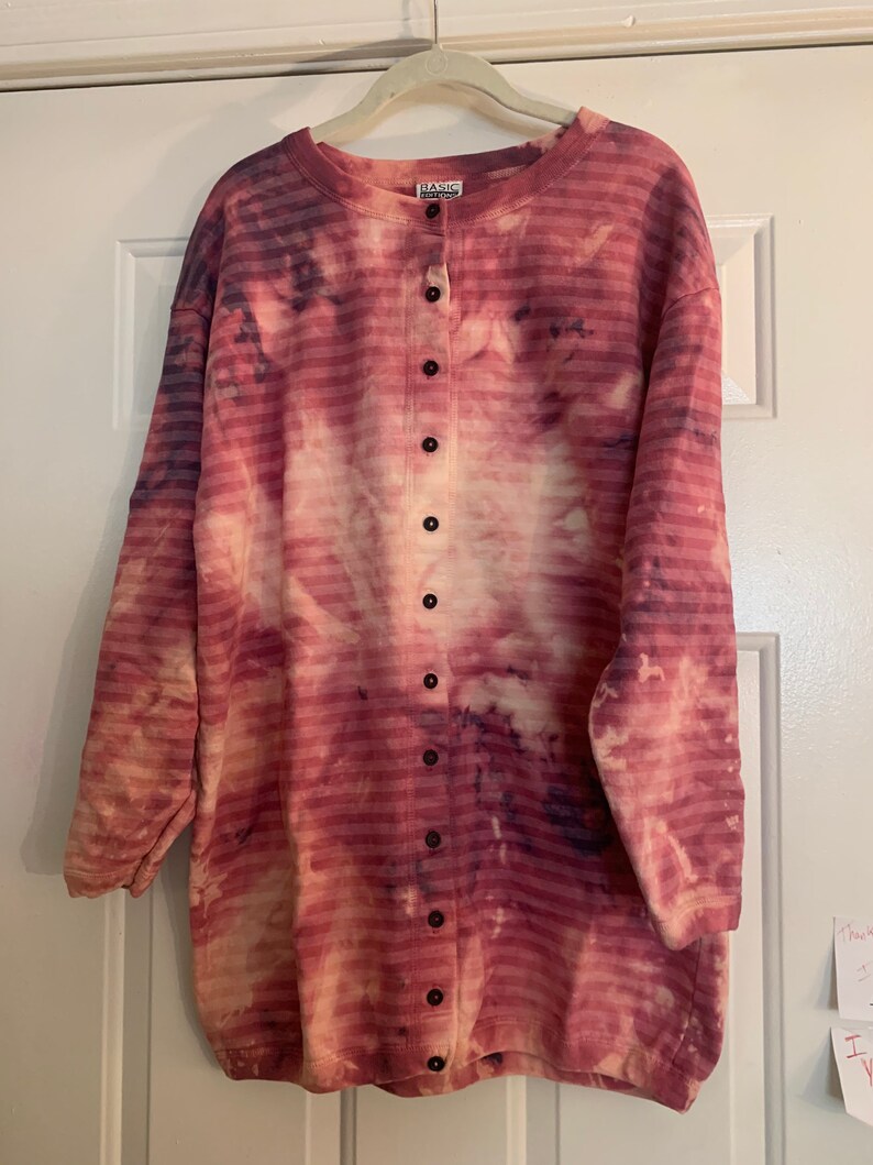 purple and pink and white acid washed tie dye vintage women\u2019s sweatersweatshirt tunic duster or cardigan
