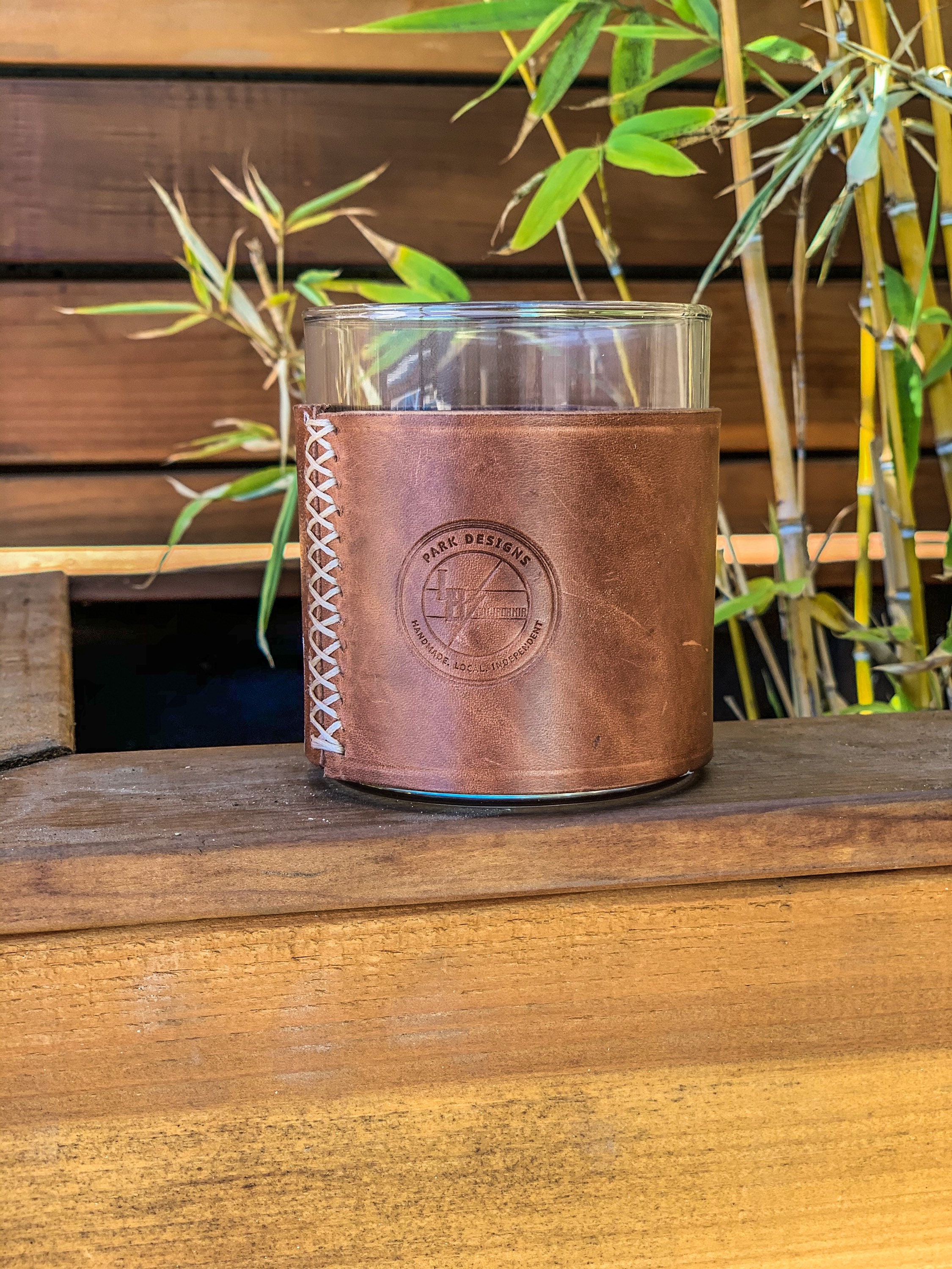 custom leather wrapped whiskey glass