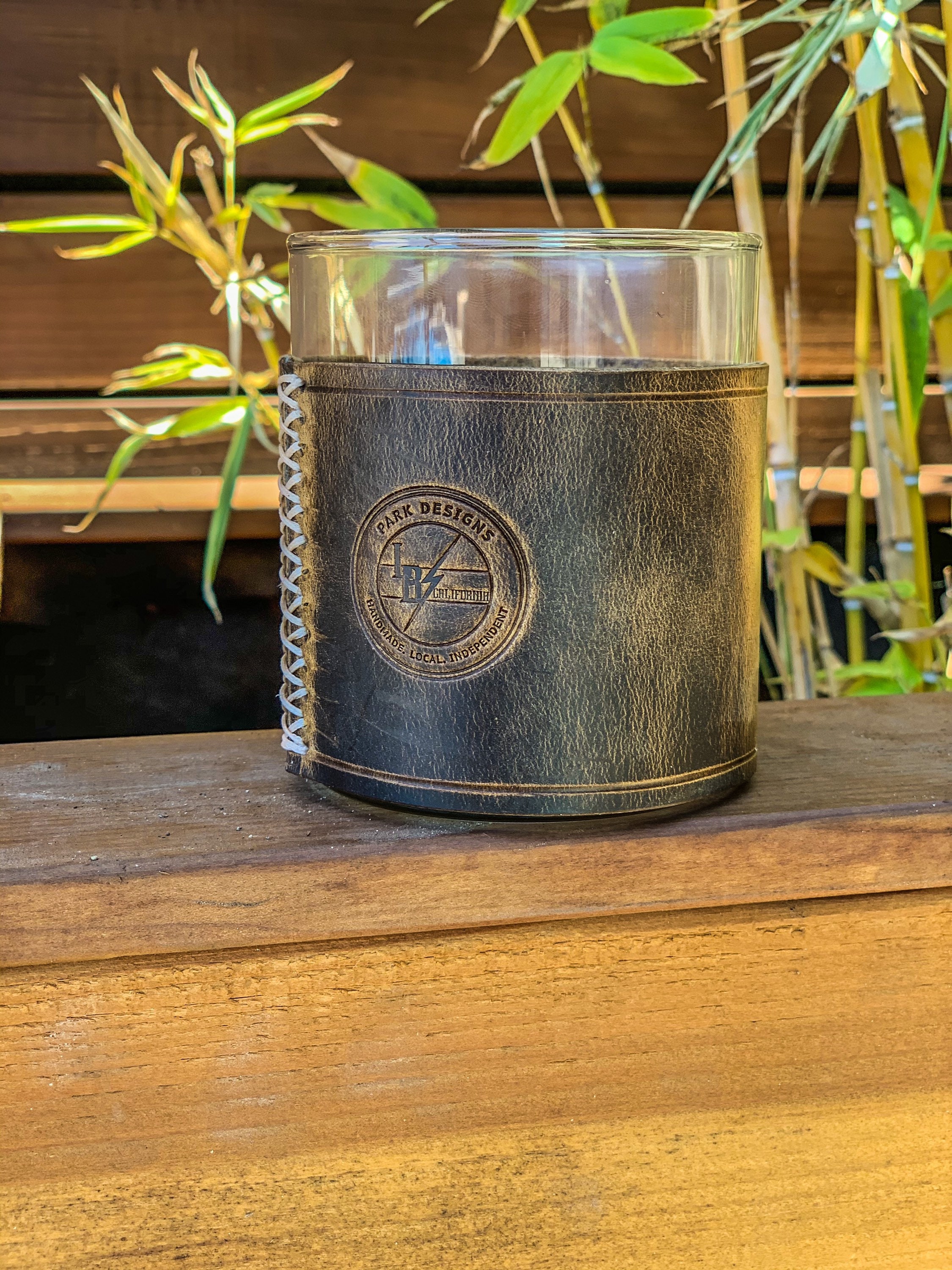 custom leather wrapped whiskey glass