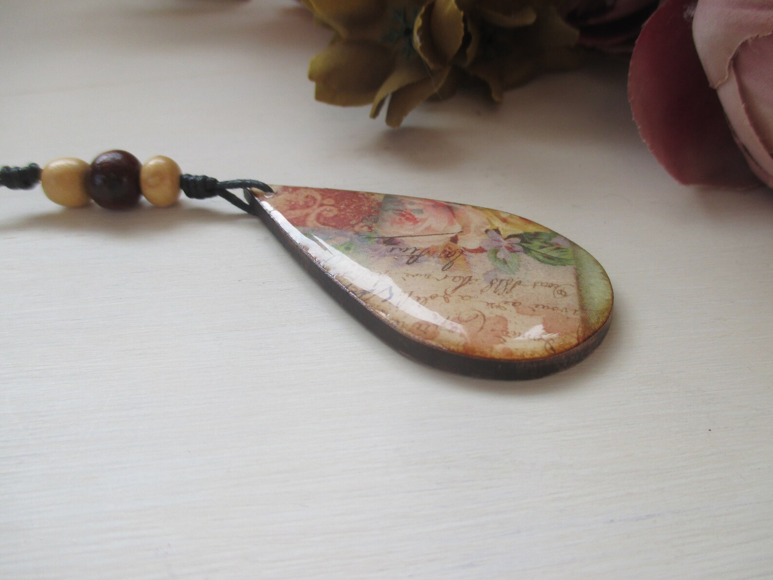 Wooden decoupaged necklace resin necklace wooden beads boho Etsy