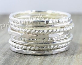 Conjunto de anillos de apilamiento de plata de ley, conjunto de 8 anillos de apilamiento de plata de ley, bandas simples martilladas y retorcidas de plata, bandas de pila minimalistas