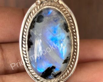 Black Tourmalated Moonstone Ring: Sterling Silver Statement Jewelry