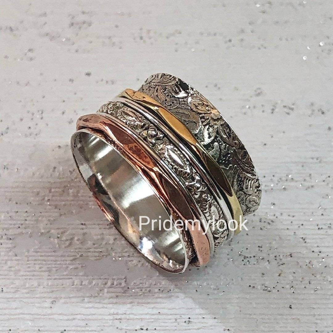 Three Tone Spinner Ring, Spinner Ring, 925 Sterling Silver Spinner Ring ...