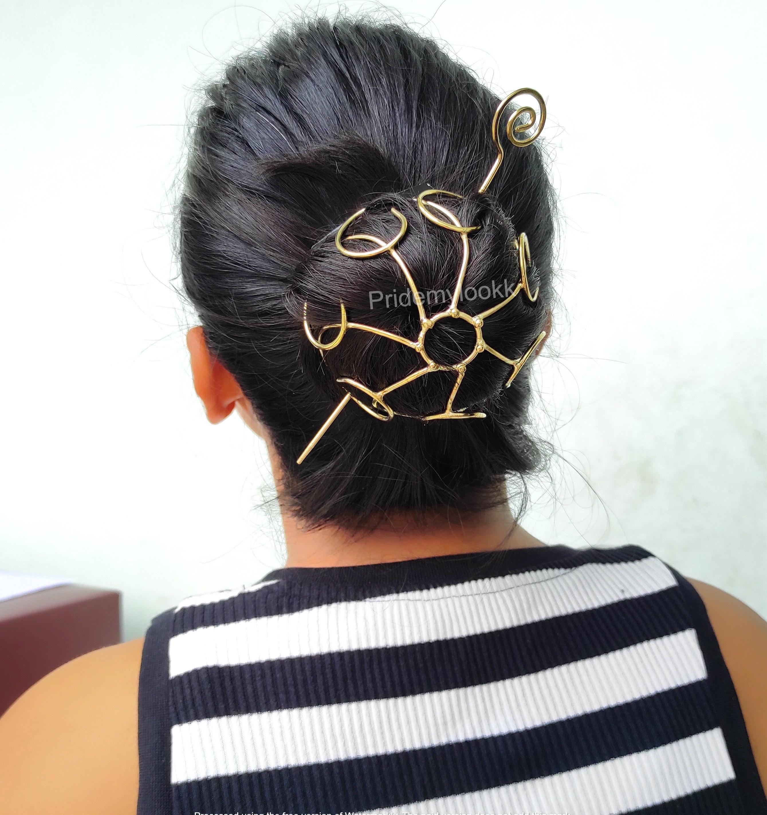 Spiral Brass Hair Bun Cage With Fork: Thick Hair Hammered 