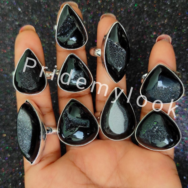 Wholesale Black Onyx Druzy Rings, Handmade Black Onyx Gemstone Rings, Rings for Women, 925 Sterling Silver Plated Rings, Wholesale Jewelry