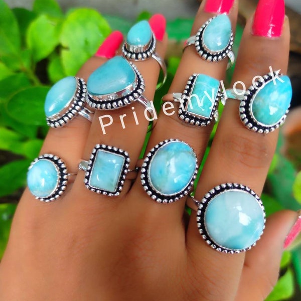 AAA Natural Larimar Ring, Gemstone Rings, Wholesale Larimar Rings, Bulk Gemstone Rings, 925 Silver Plated Ring, Wholesale Jewelry Bulk Sale!