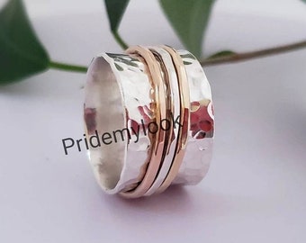 Three tone Spinner Ring, 925 Sterling Silver Spinner Ring for Woman, Fidget Ring, Anxiety Ring, Spinning Ring, Meditation Ring, Wedding Ring