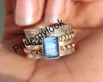 Blauer Labradorit Spinner Ring, 925 Sterling Silber Ring für Frau, Meditation Ring, Zappeln Ring, personalisiertes Geschenk, Angst Ring, Geschenk für sie