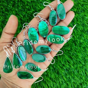 Malachite Earrings Lot,Wholesale Earrings Lot, Natural Gemstone Earrings, Handmade Bezel Earrings, Silver Plated Earrings, Mix Shapes, Sale
