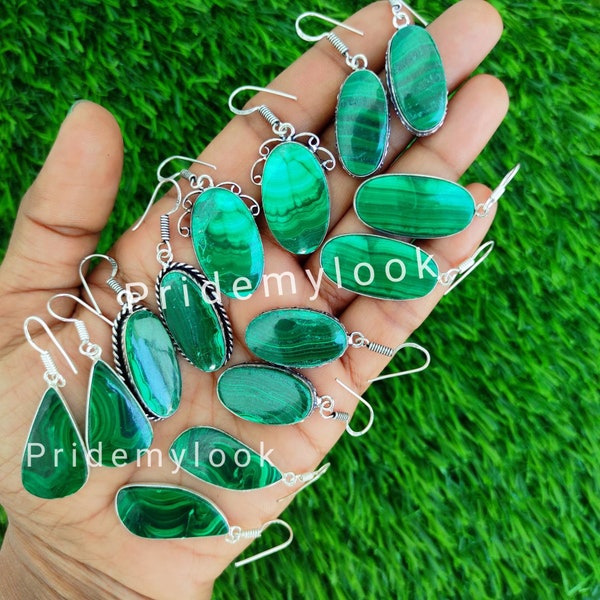 Malachite Earrings Lot,Wholesale Earrings Lot, Natural Gemstone Earrings, Handmade Bezel Earrings, Silver Plated Earrings, Mix Shapes, Sale