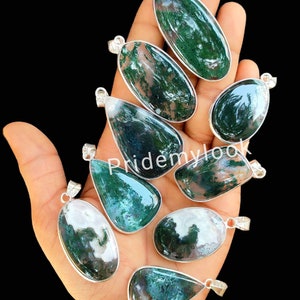 Season Sale Natural Moss Agate Pendants, Gemstone Pendant, 925 Silver Plated Pendant, Wholesale Jewelry Bezel pendants Lot, Mix Shape & Size