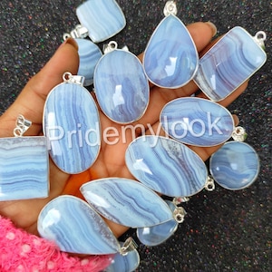 Blue Lace Agate Pendants, Top Quality Natural Blue Lace Pendant, 925 Sterling Silver Plated Bezel Pendant, Wholesale Lot, Mix Shape & Sizes
