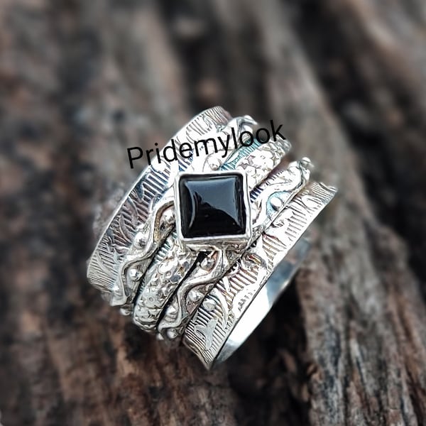 Black Onyx Silver Spinner Ring | 925 Sterling Silver Spinner Ring | Black Onyx Spin Ring l Hand Carved Silver Ring l Bridal Jewelry Gift