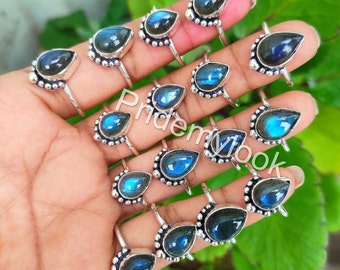 Lotto di anelli labradorite, Lotto di anelli di pietre preziose all'ingrosso, Anelli sfusi per donne, Anelli delicati, Gioielli all'ingrosso, Anelli placcati in argento sterling 925