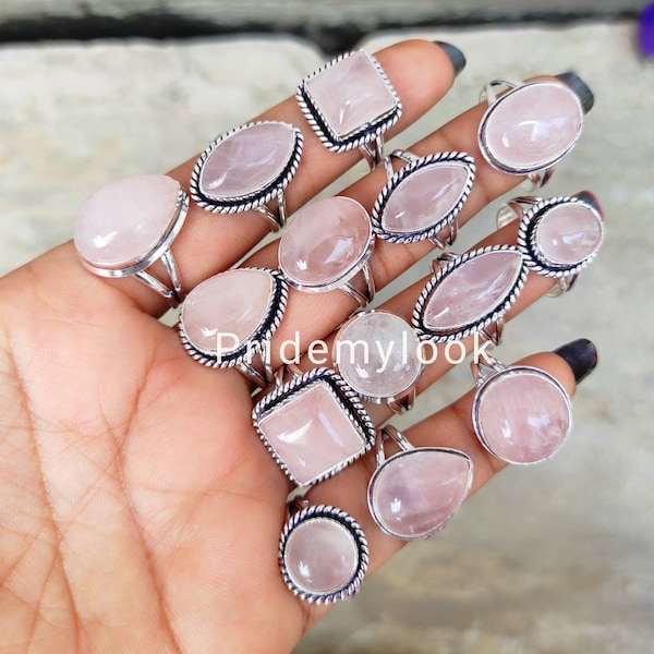 Wholesale Natural Rose Quartz Rings, Bulk Rose Quartz 925 Sterling Silver Plated Ring, Mix Shape & Mix Size Ring, Handmade Ring, Boho Ring