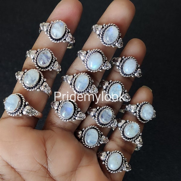 Natural Moonstone Rings Lot, 925 Silver Plated Rings, Wholesale Lot Rings, Wholesale Moonstone Rings, Moonstone Gemstone Rings, US Size 6-11