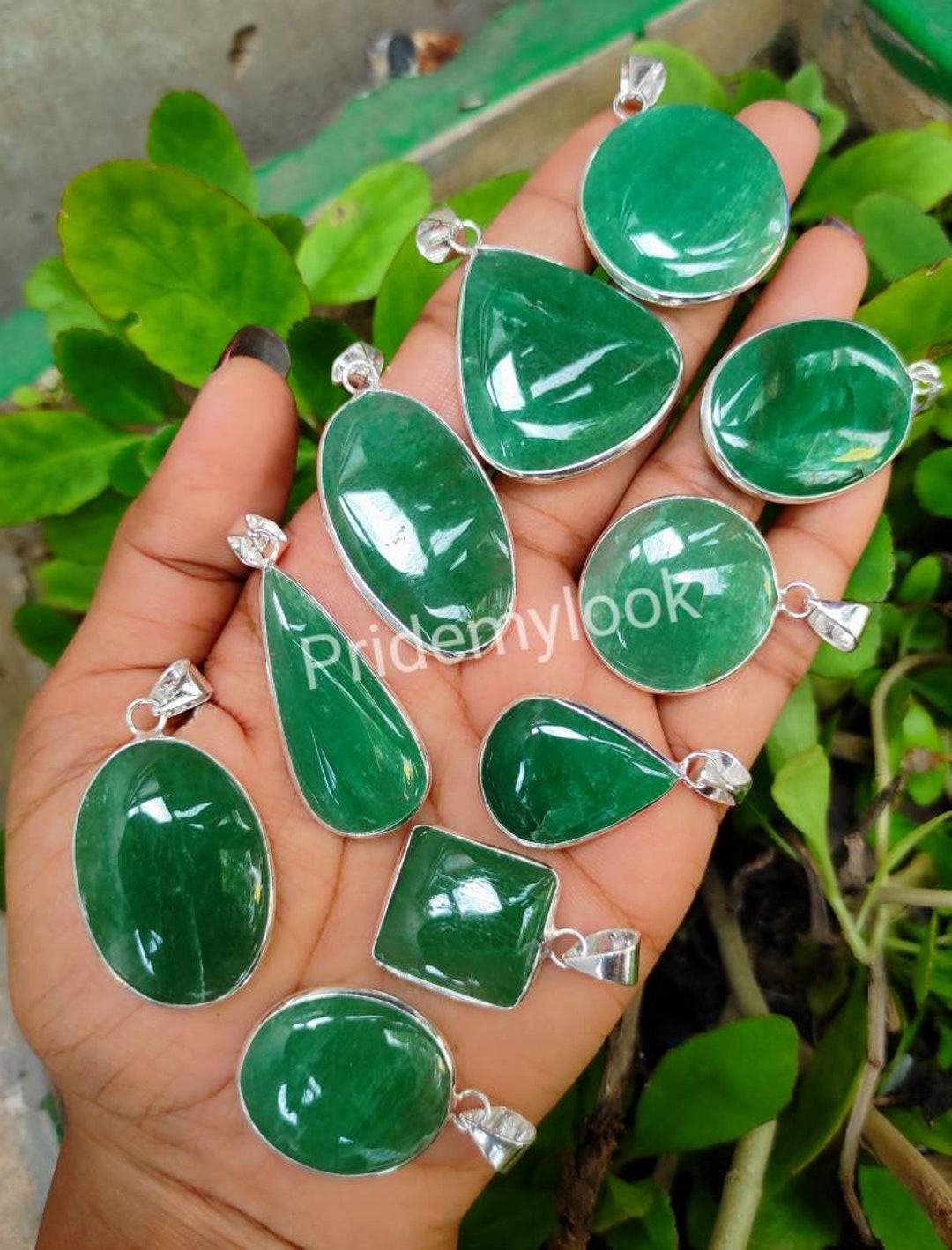 Natural Green Aventurine Pendants, Gemstone Pendants, 925 Silver Plated