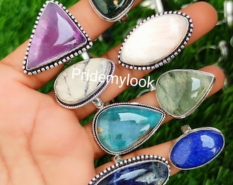 Mixed Gemstone Rings Lot: Sterling Silver Plated, Adjustable, Boho Hippie Jewelry, Christmas Gift