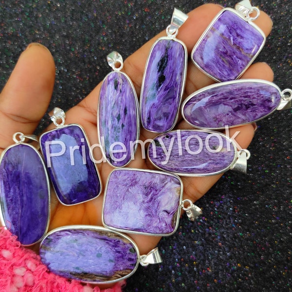 Charoite Pendant Lot, Natural Charoite Necklace, Wholesale Jewelry, 925 Sterling Silver Plated Bezel Pendant, Wholesale Lot, Mix Shape Sizes