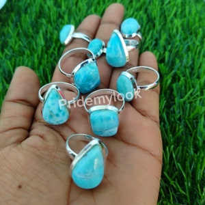 Larimar Rings, Bulk Natural 925 Silver Plated Statement Rings, Larimar Gemstone Rings, Handmade Wholesale Jewelry, Gift For Her