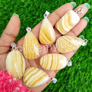Top Quality! Natural Yellow Lace Agate Pendants, 925 Sterling Silver Plated Bezel Pendant Jewelry, Wholesale Lot, Mix Shape & Sizes, Sale