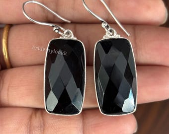 Checker Cut schwarze Onyx Ohrringe, Sterling Silber Creolen, Weihnachtsgeschenk