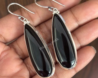 Handgemachte Birne schwarze Onyx Sterling Silber Ohrringe, Jahrestag Geschenk, Boho Schmuck