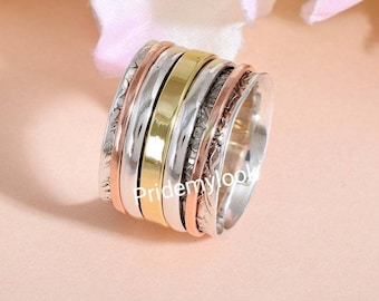 Multi-Bands Spinner Ring, Mixed Metal Spin Ring, 925 Sterling Silver  Ring for Woman, Fidget Ring, Wide Band, Boho Ring, Gift for Her, Sale