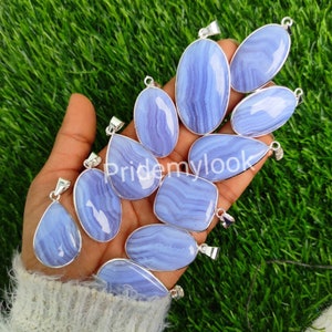 Natural Blue Lace Agate Pendants, 925 Sterling Silver Bezel Pendants, Bulk Blue Lace Agate 925 Solid Silver Mix Shapes & Size Pendants