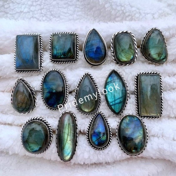 New Sale! Wholesale Gemstone Rings Lot, Bulk Labradorite Rings for Women, Dainty Rings, Wholesale Jewelry, 925 Sterling Silver Plated Rings
