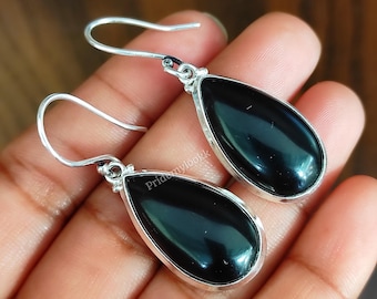 Handgemachte schwarze Onyx Birnen Ohrringe: Sterling Silber Boho Schmuck, Weihnachtsgeschenk