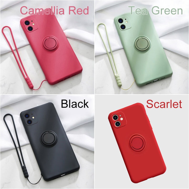 May include: Four phone cases with a ring holder in the colors Camellia Red, Tea Green, Black, and Scarlet. Each case has a matching strap.