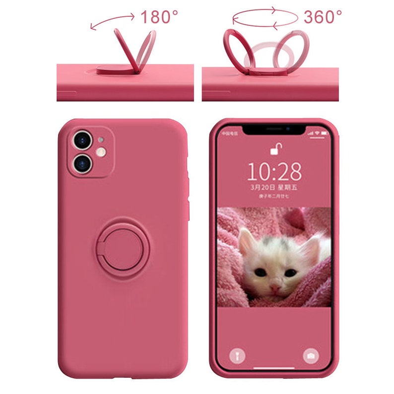 May include: A pink phone case with a built-in ring holder. The ring can rotate 360 degrees and can be used as a kickstand. The phone case is made of silicone and has a matte finish.