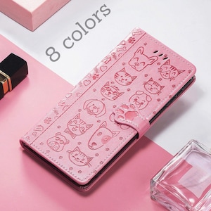 Étui porte-cartes initial pour iPhone 16 Pro Max 15 Pro 14 Plus 13 12 gaufré chat chien Samsung S25 Galaxy Étui portefeuille pour téléphone avec dragonne