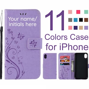 Étui porte-cartes personnalisé pour iPhone 16 Pro Max 15 14 13 12 11 Étui portefeuille pour téléphone en relief avec fleurs et papillons avec dragonne
