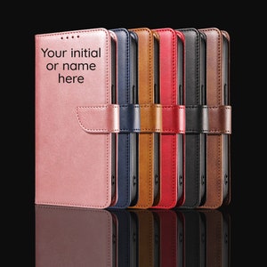 Funda de piel personalizada para iPhone 16 Pro Max iPhone 15 Pro 14 13 12 11 XS Max X XR Funda con tarjetero con iniciales Samsung S24 S23 S22 S21 S20