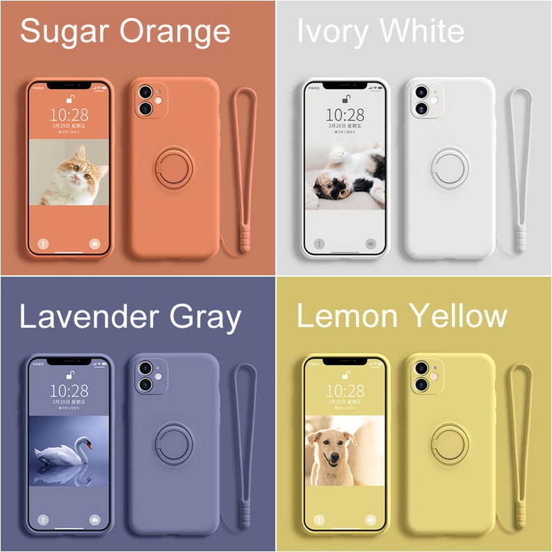 May include: Four phone cases with different colors and a ring holder. The colors are sugar orange, ivory white, lavender gray, and lemon yellow.
