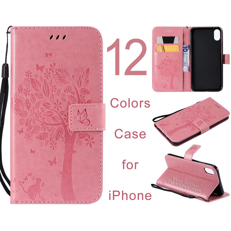 Personalized leather card holder case for iPhone 13, 12, 11,  X XR XS Max embossed flower phone wallet cases with strap wristlet 