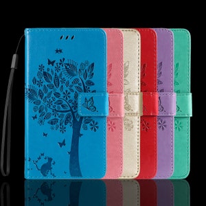 Étui porte-cartes en cuir personnalisé pour iPhone 16 Pro 15 Plus 14 13 Max, arbre en relief, chat, papillon, étui portefeuille pour téléphone avec dragonne