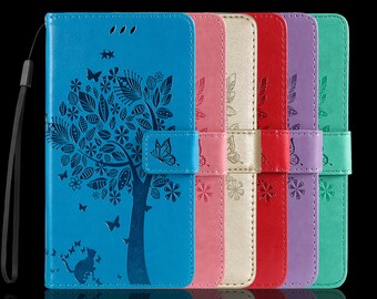 Personalized iPhone Wallet Case: Embossed Tree, Cat, Butterfly Design