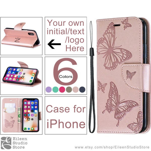 Personalized Leather Card Holder Phone Wallet Case for iPhone 15 Pro Max 14 13 12 Plus X XR XS Embossed Butterfly Case with Strap Wristlet