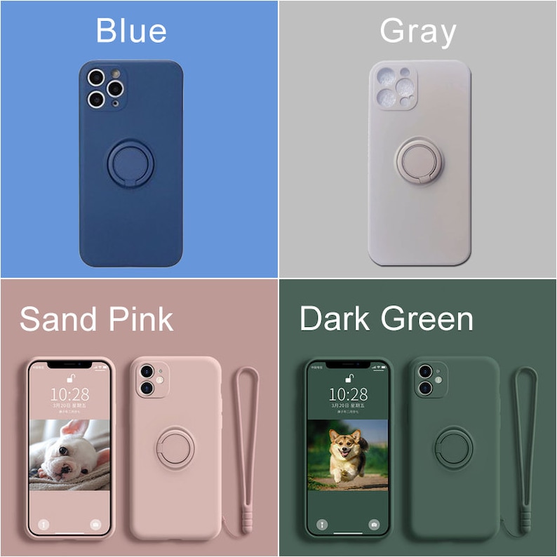 May include: Four iPhone cases with a ring holder and a wrist strap. The cases are in blue, gray, sand pink, and dark green.