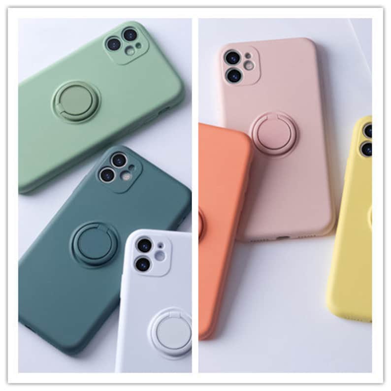 May include: Five silicone phone cases in different colors with a built-in ring holder. The cases are green, blue, white, orange, and yellow.