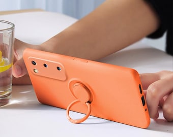 För iPhone flytande silikonfodral med stativ och ringhållare