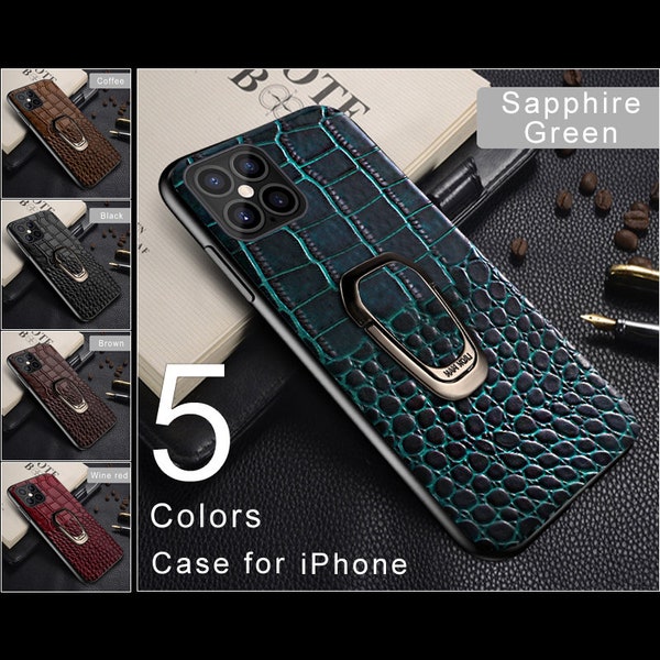 Genuine Leather iPhone 15 Pro Max 14 13 mini 12 11 X XR XS SE 2020 iPhone 7 8 Plus Phone Case with Metal Ring Stand Holder Alligator Pattern