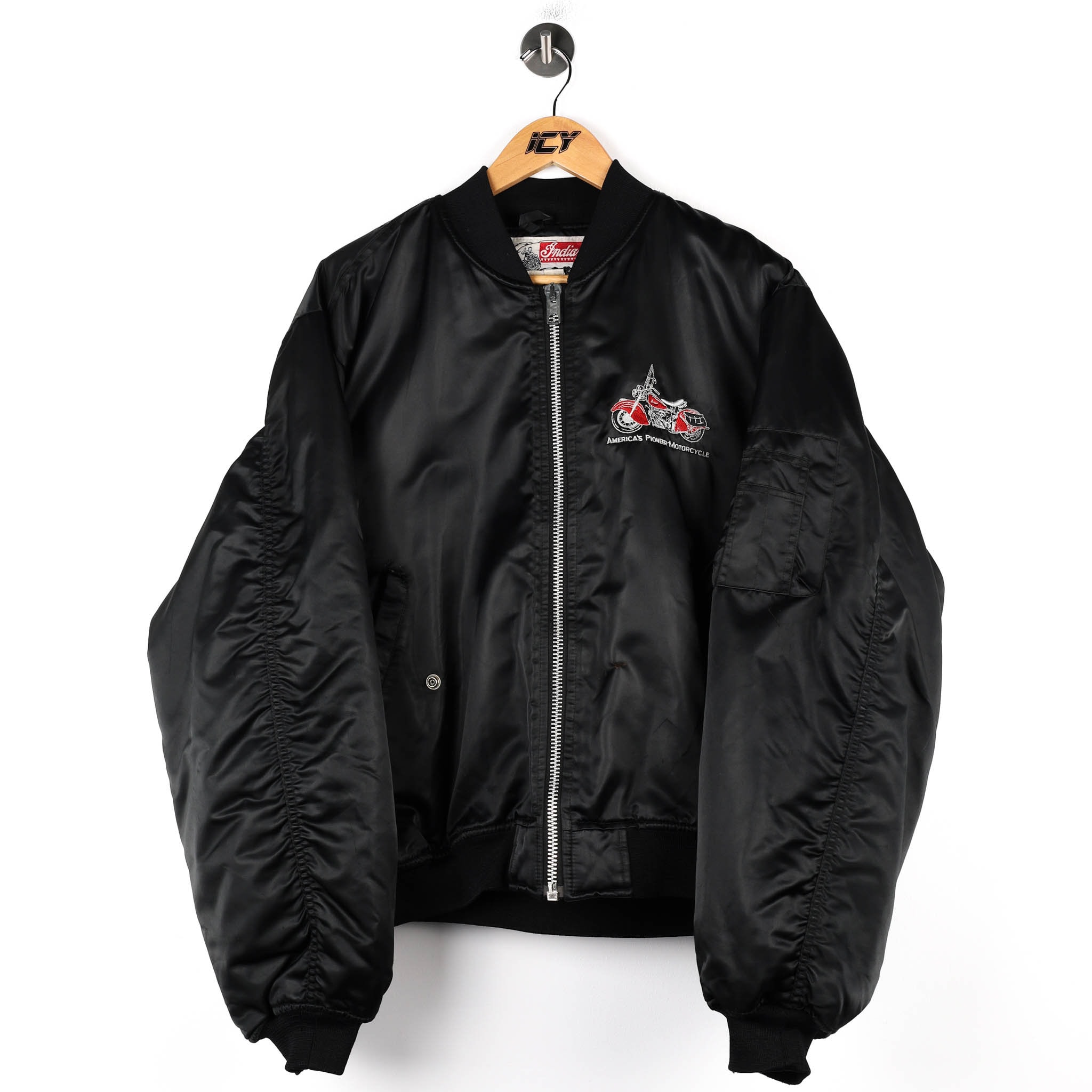 Vintage 80s Indian Motorcycle America s Pioneer Satin Bomber Jacket Mens Large